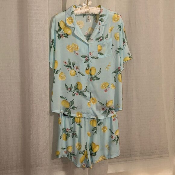 flora M 2 Piece PJ Set Seafoam Blue Green Yellow Pink Lemon Citrus Print - Picture 1 of 11